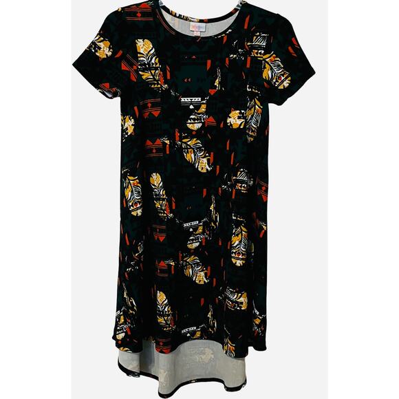 LULAROE SHORT SLEEVE TUNIC DRESS,WOMENS, XS, GREEN-ORANGE YELLOW ABSTRACT HI-LOW - Picture 1 of 10